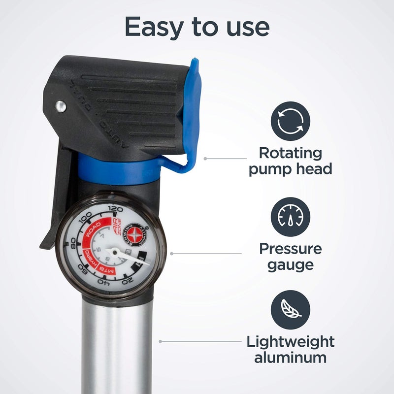 Schwinn Air Sport Pro or Plus Frame Pump, Black, Pressure Gauge, For Mountain, Cruiser and Electric Bikes, with Frame Mount Attachment, Dual Head for Schrader and Presta Valves, Manual Air Pump - Image 2